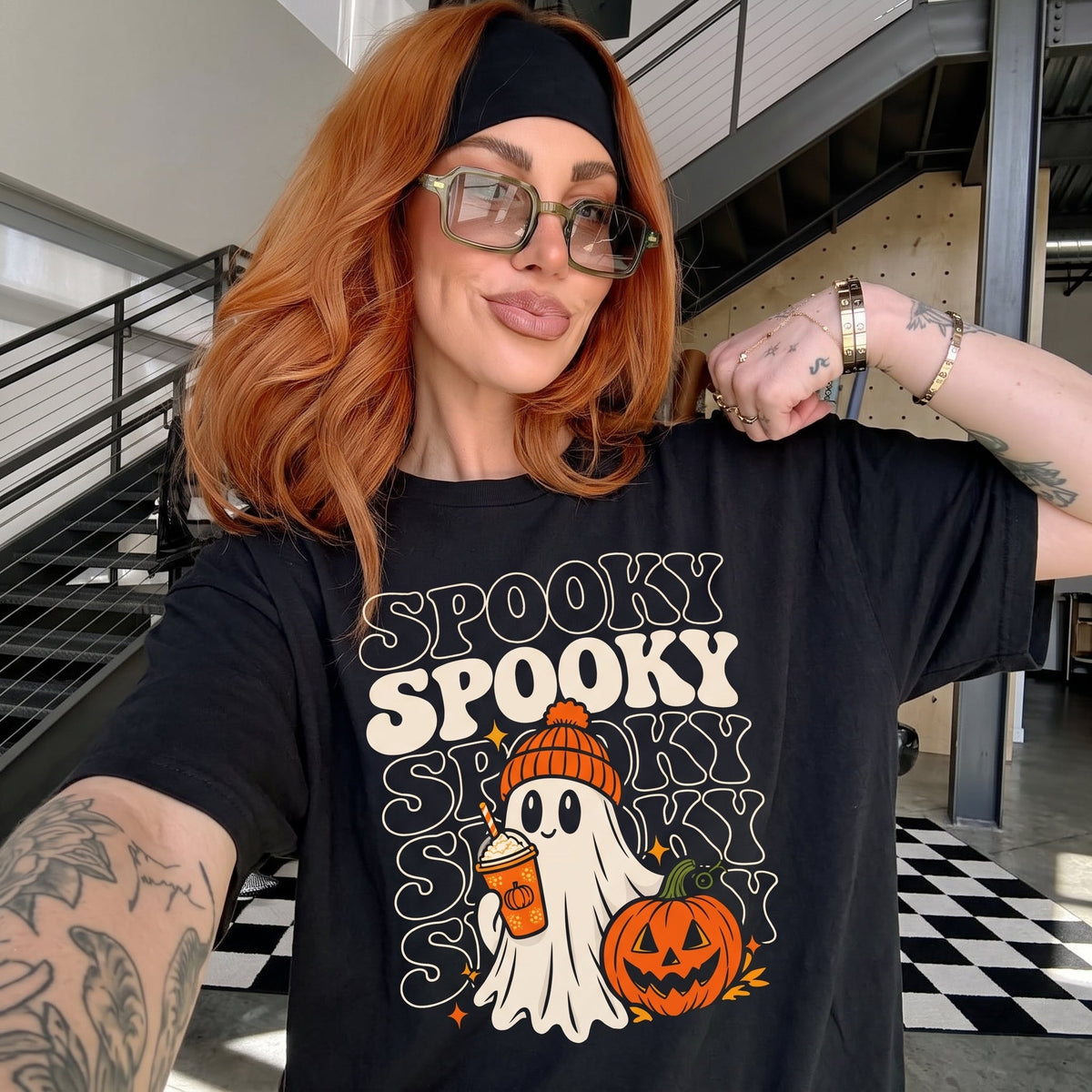 Cute ghost with pumpkin spice latte Halloween graphic tee