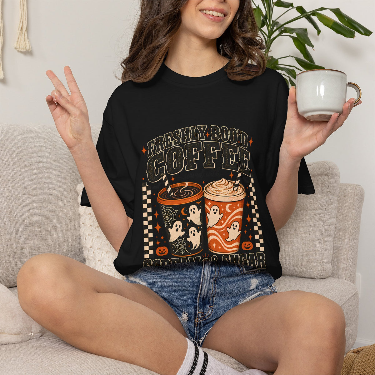 Comfort Colors® Freshly Boo'd Coffee Served With Scream & Sugar T-Shirt, Halloween Coffee Lover Gift, Spooky Barista Gift