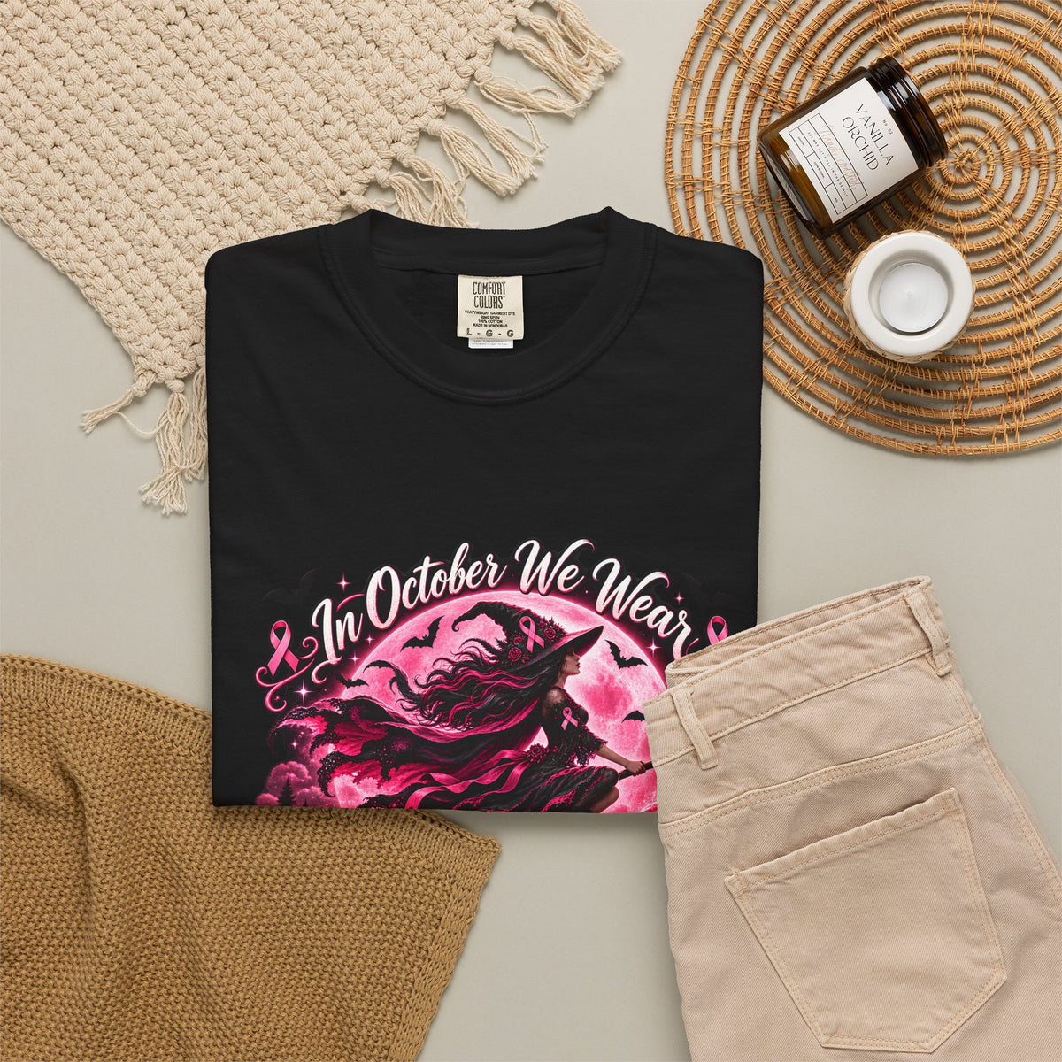 Comfort Colors® In October We Wear Pink T-Shirt, Breast Cancer Awareness Witch Gift, Pink Ribbon Halloween, Spooky Survivor Support Shirt