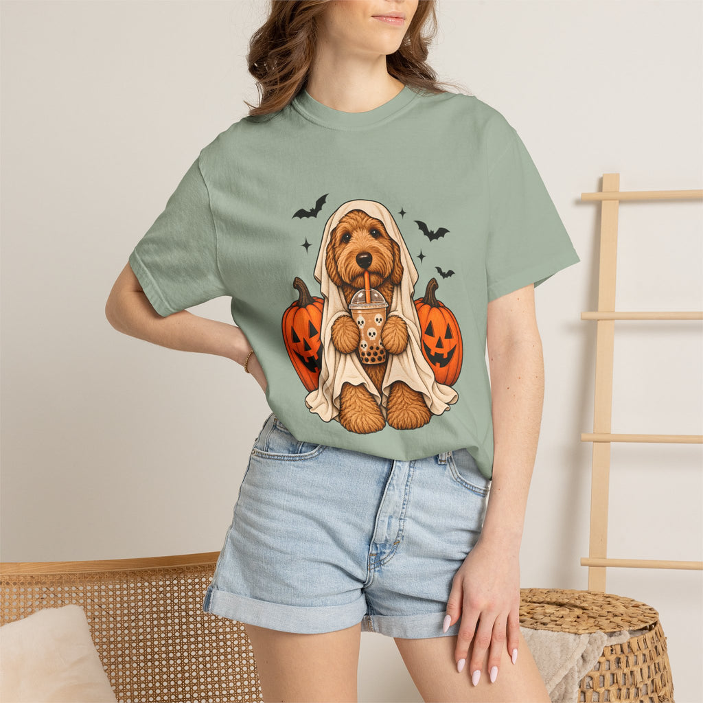 Comfort Colors® Halloween Ghost Dog Boba T-Shirt, Cute Doodle Dog Lover Gift, Spooky Pumpkin Bubble Tea Gift, Fall Pet Graphic Tee