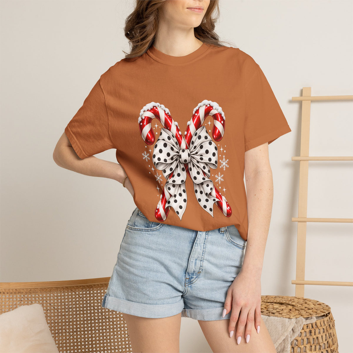 Comfort Colors® Candy Cane Bow T-Shirt, Coquette Christmas Lover Gift, Candy Cane Coquette Shirt, Cute Festive Candy Cane Gift for Her