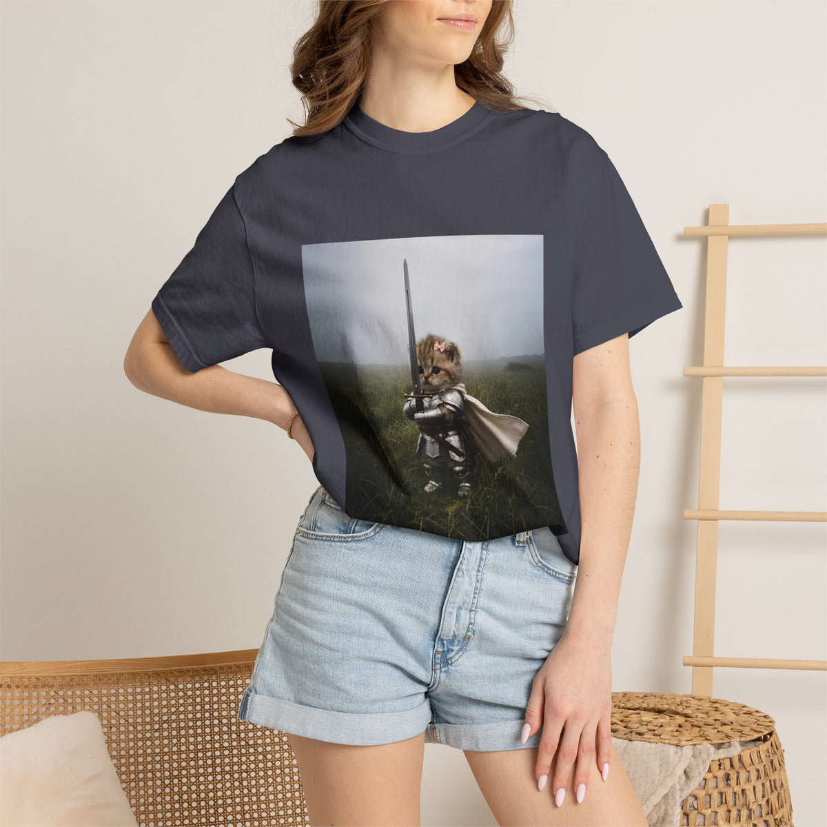 Comfort Colors® Knight Cat with Vintage T-shirt, Meme Kitten T-shirt, Funny Medieval Cat Tee, Cat Lover Gift