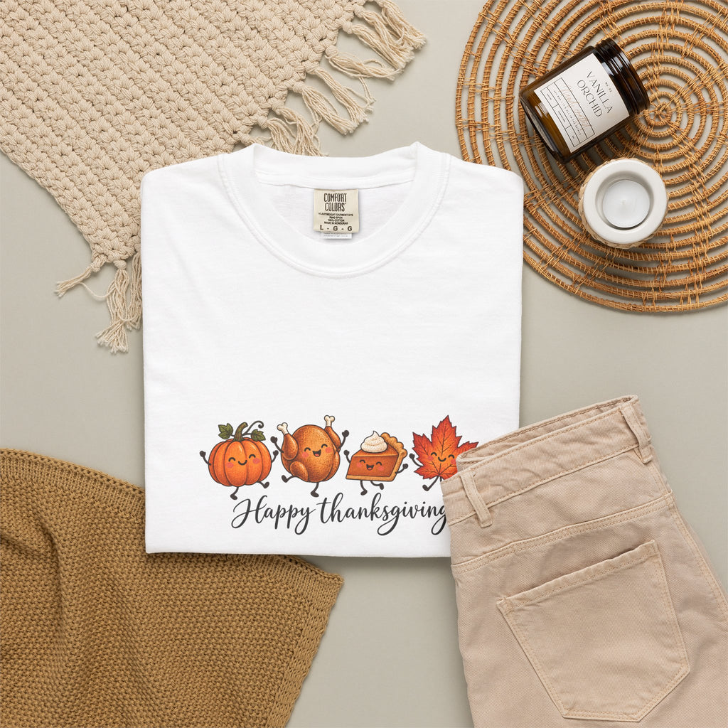 Comfort Colors® Happy Thanksgiving T-Shirt, Cute Turkey Pumpkin Lover Gift, Kawaii Fall Food Gift, Autumn Family Dinner Graphic Tee