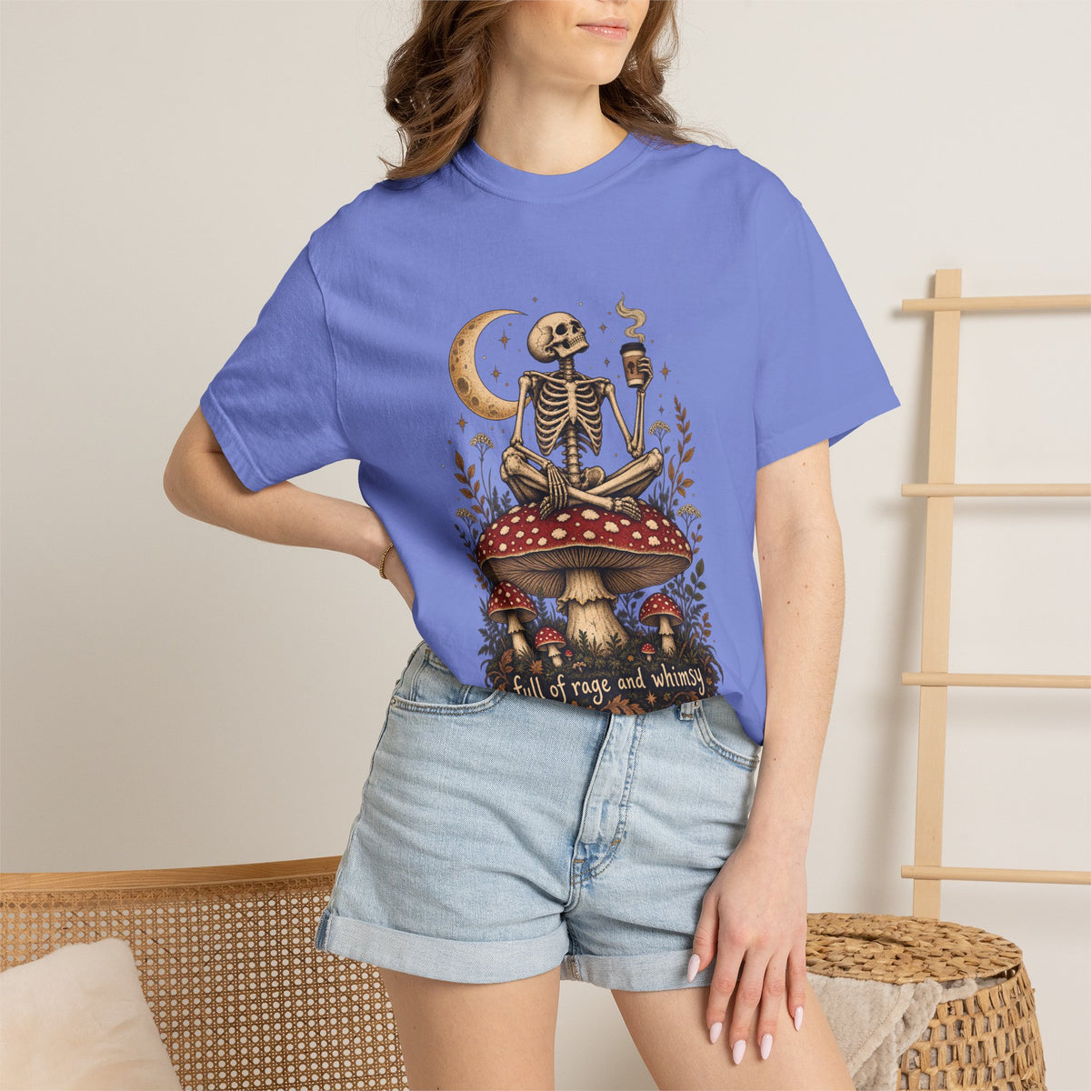 Comfort Colors® Full of Rage and Whimsy T-Shirt, Funny Skeleton Coffee Lover Gift, Cottagecore Mushroom Gothic Shirt, Dark Academia Shirt