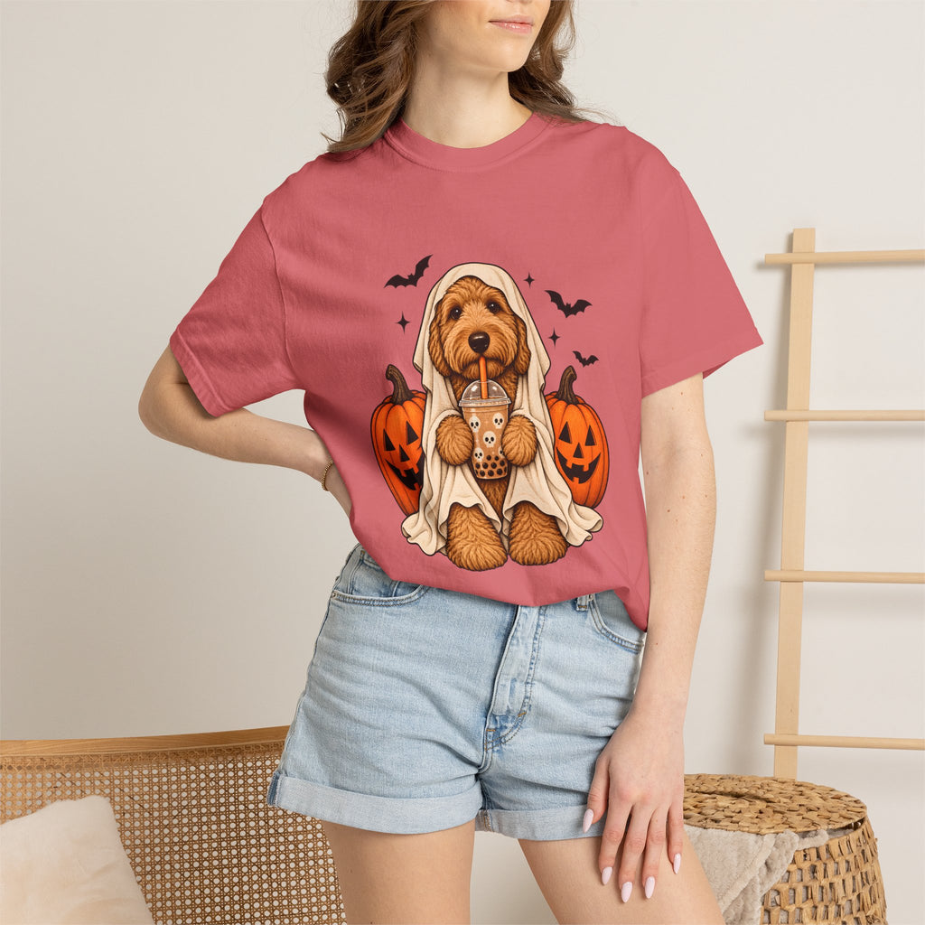 Comfort Colors® Halloween Ghost Dog Boba T-Shirt, Cute Doodle Dog Lover Gift, Spooky Pumpkin Bubble Tea Gift, Fall Pet Graphic Tee