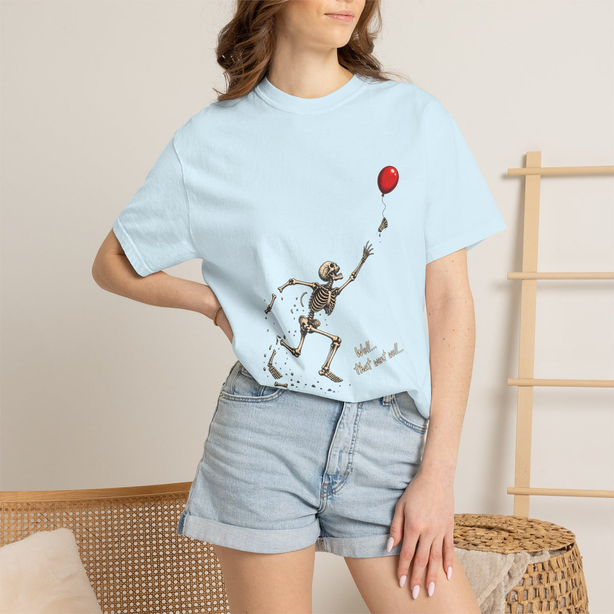 Comfort Colors® Well That Went Well T-Shirt, Funny Skeleton Halloween Gift, Red Balloon Dark Humor Gift, Vintage Spooky Skeleton Graphic Tee