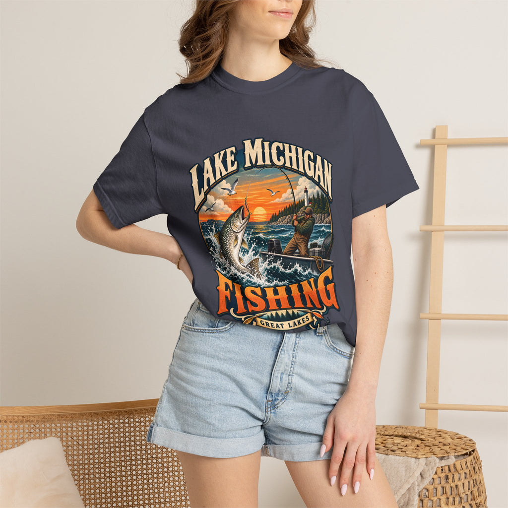 Comfort Colors® Lake Michigan Fishing T-Shirt, Great Lakes Angler Gift, Trout Fisherman Sunset Graphic Tee, Michigan Fishing Lover Shirt