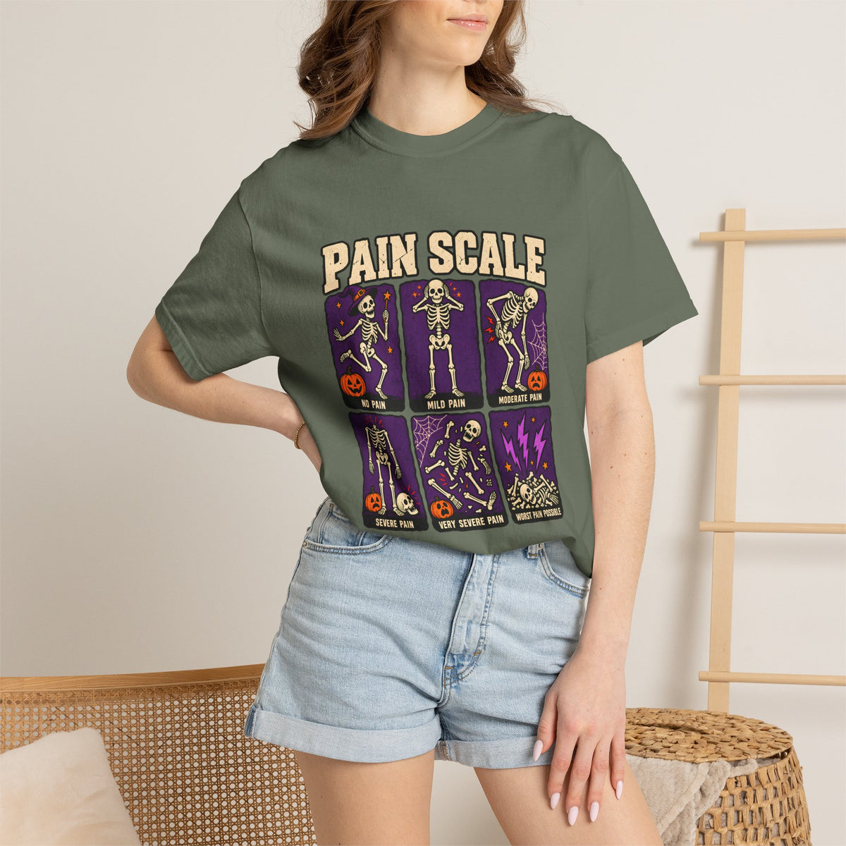 Comfort Colors® Pain Scale Skeleton T-Shirt, Funny Halloween Skeleton Gift, Spooky Medical Humor Gift, Nurse Doctor Halloween Graphic Tee
