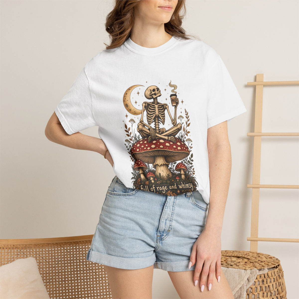 Comfort Colors® Full of Rage and Whimsy T-Shirt, Funny Skeleton Coffee Lover Gift, Cottagecore Mushroom Gothic Shirt, Dark Academia Shirt