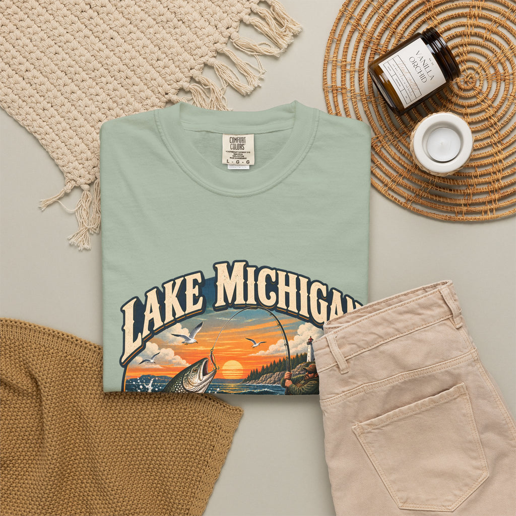 Comfort Colors® Lake Michigan Fishing T-Shirt, Great Lakes Angler Gift, Trout Fisherman Sunset Graphic Tee, Michigan Fishing Lover Shirt