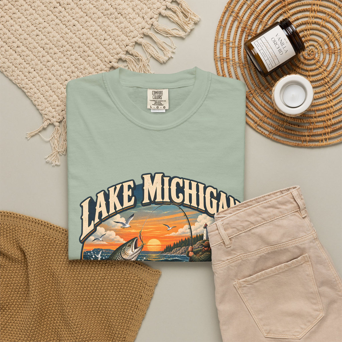 Comfort Colors® Lake Michigan Fishing T-Shirt, Great Lakes Angler Gift, Trout Fisherman Sunset Graphic Tee, Michigan Fishing Lover Shirt