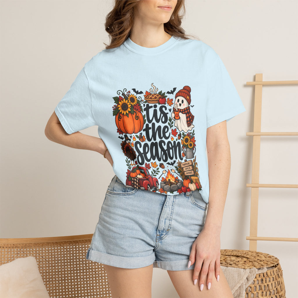 T-shirt Comfort Colors® « Tis the Season », cadeau pour amateur de citrouilles, t-shirt pour l'automne, Thanksgiving et Halloween, t-shirt douillet pour la saison des récoltes pour femmes