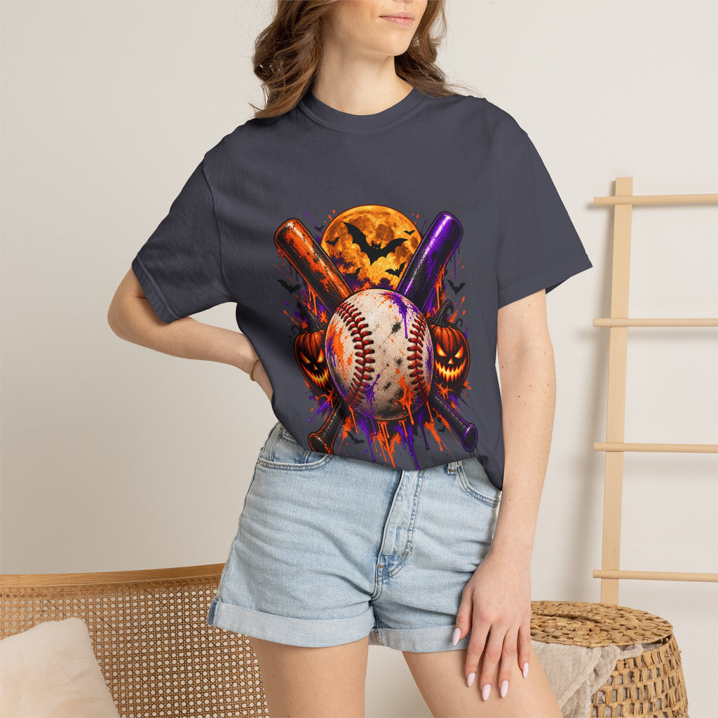 T-shirt de baseball Halloween Comfort Colors®, cadeau de joueur de baseball effrayant, t-shirt graphique pour amateur de baseball citrouille, t-shirt de fan de sport pour Halloween