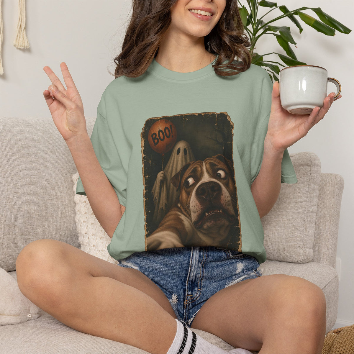 Comfort Colors® Boo Ghost Dog T-Shirt, Funny Halloween Bulldog Lover Gift, Scared Dog Spooky Season Gift, Vintage Pet Selfie Graphic Tee