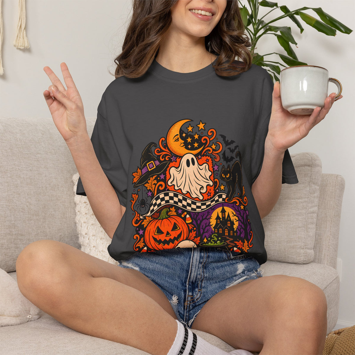 Comfort Colors® Vintage Halloween Shirt, Black Cat Skull Graphic Tee, Spooky Season Sweatshirt, Retro Halloween Season Gift