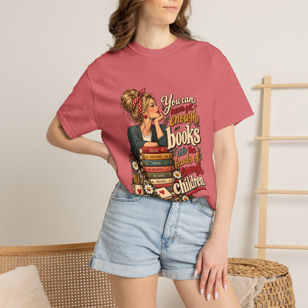 Comfort Colors® You Can Never Get Enough Books Into the Hands of Enough Children Shirt, Teacher Reading Gift, Book Lover Teacher Graphic Tee