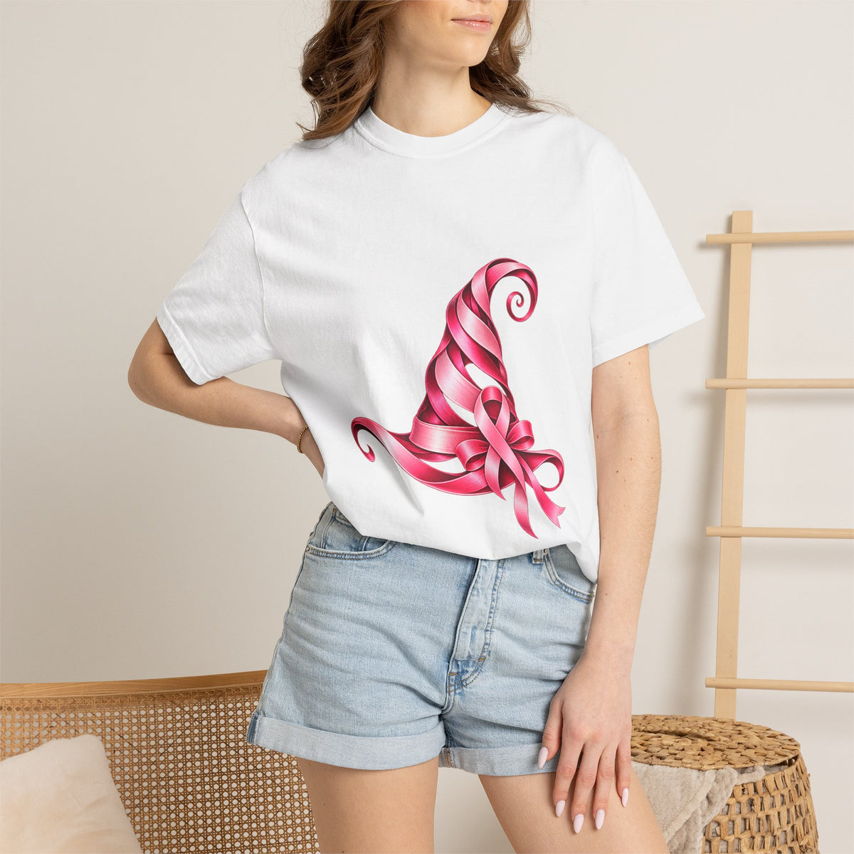 Comfort Colors® Pink Ribbon Witch Hat T-Shirt, Breast Cancer Awareness Gift, Halloween Survivor Support Tee, Pink October Witchy Shirt