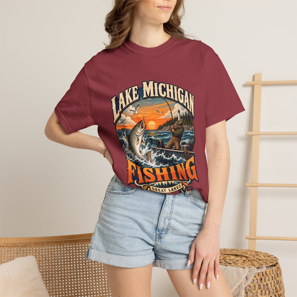 Comfort Colors® Lake Michigan Fishing T-Shirt, Great Lakes Angler Gift, Trout Fisherman Sunset Graphic Tee, Michigan Fishing Lover Shirt