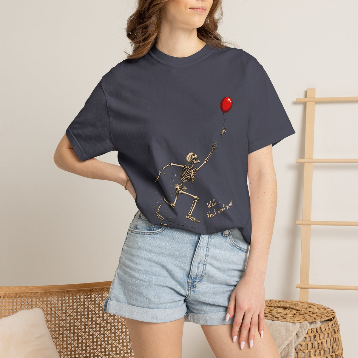 Comfort Colors® Well That Went Well T-Shirt, Funny Skeleton Halloween Gift, Red Balloon Dark Humor Gift, Vintage Spooky Skeleton Graphic Tee