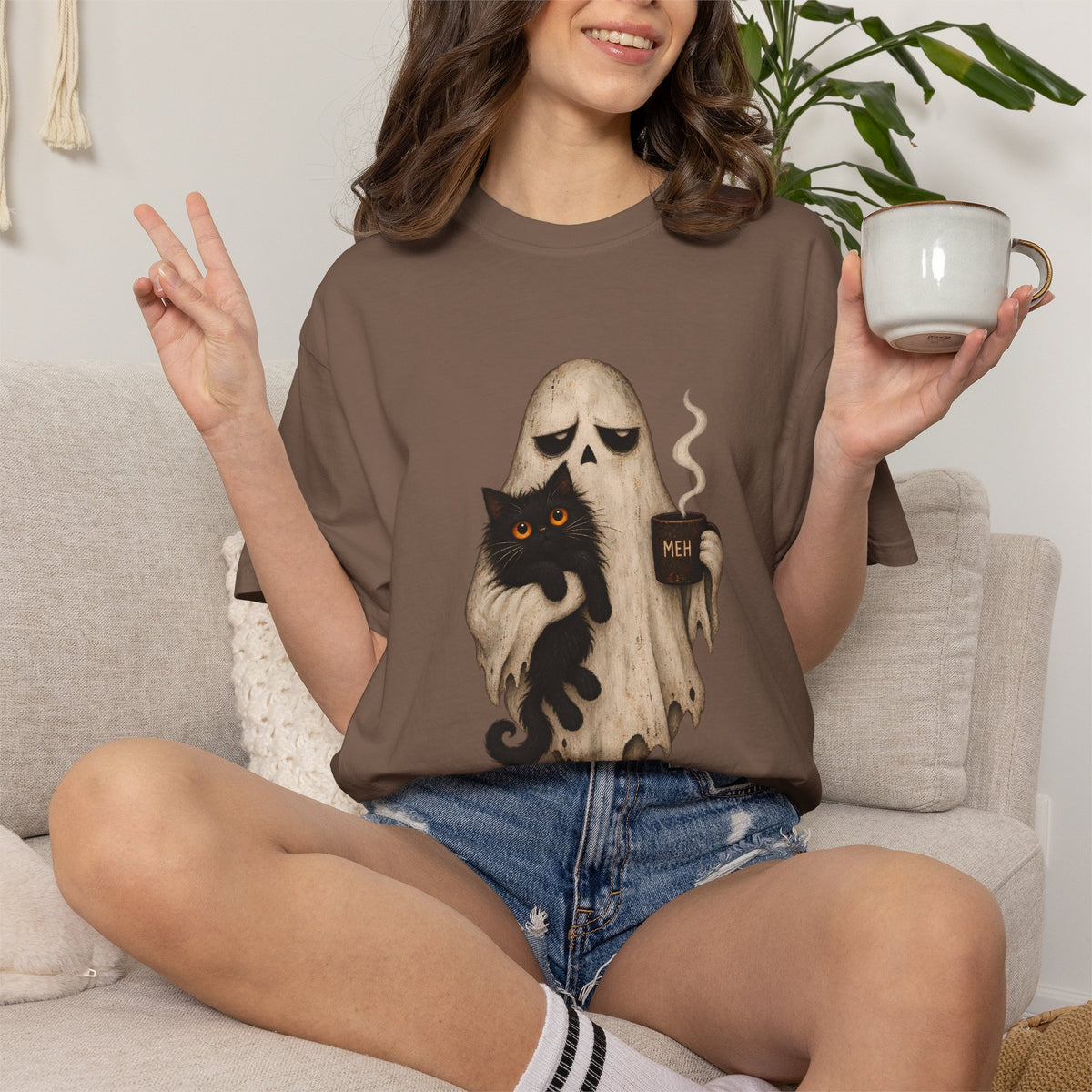 Comfort Colors® Meh Ghost Cat Coffee T-Shirt, Funny Halloween Cat Lover Gift, Sarcastic Spooky Coffee Gift, Grumpy Ghost Graphic Tee