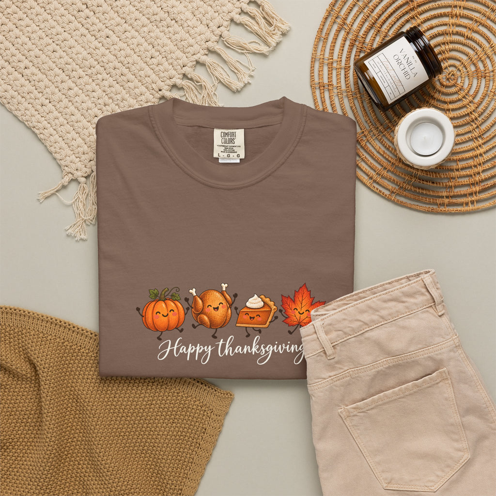 Comfort Colors® Happy Thanksgiving T-Shirt, Cute Turkey Pumpkin Lover Gift, Kawaii Fall Food Gift, Autumn Family Dinner Graphic Tee