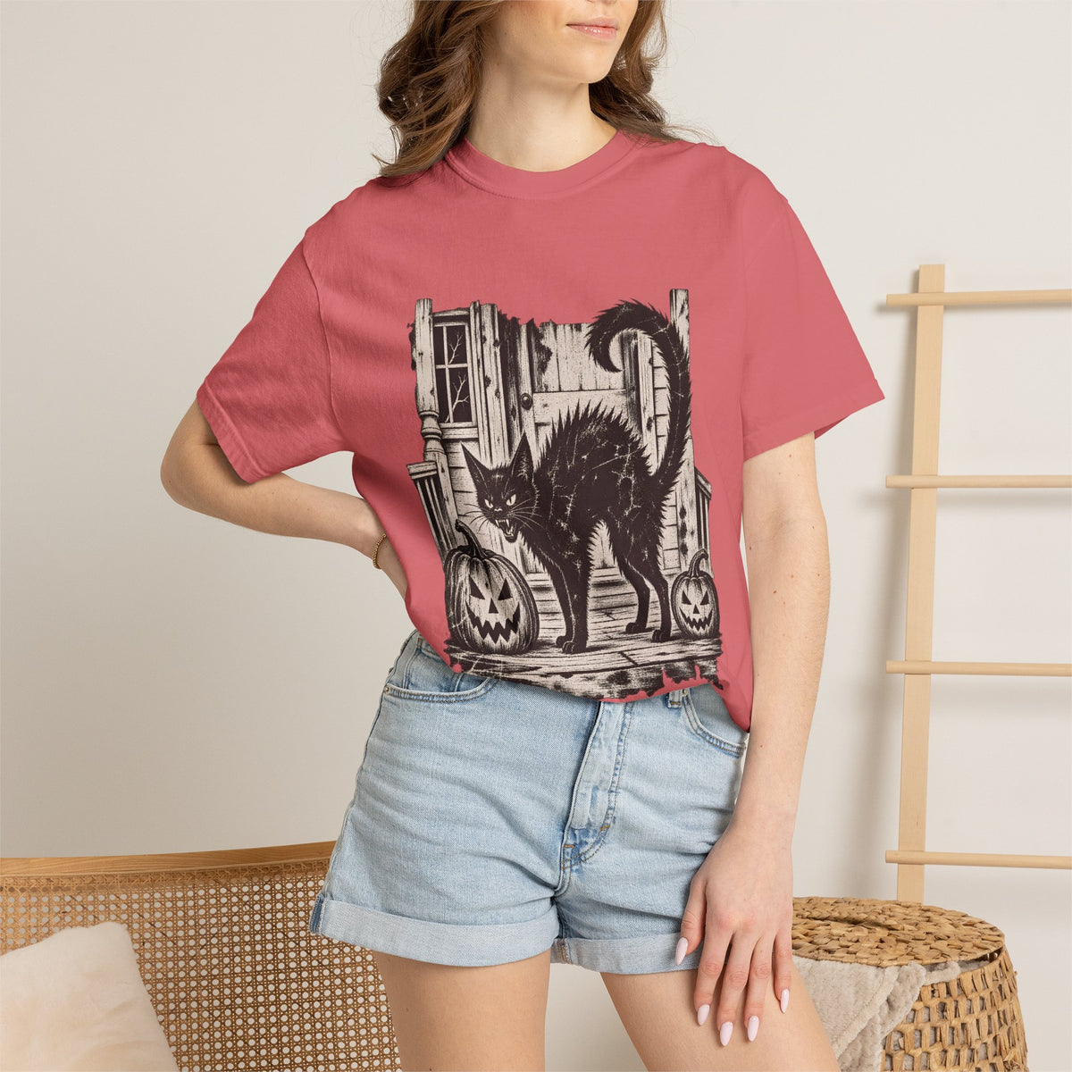 Comfort Colors® Vintage Black Cat Halloween T-Shirt, Spooky Cat Lover Gift, Retro Jack O Lantern Graphic Tee, Gothic Halloween Kitty Gift