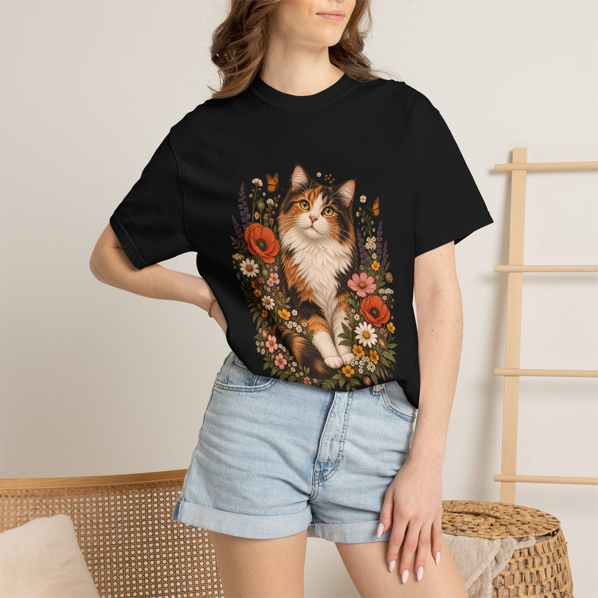 Comfort Colors® Calico Cat Wildflower T-Shirt, Floral Cat Lover Gift, Cottagecore Kitty Butterfly Graphic Tee, Vintage Garden Cat Mom Shirt