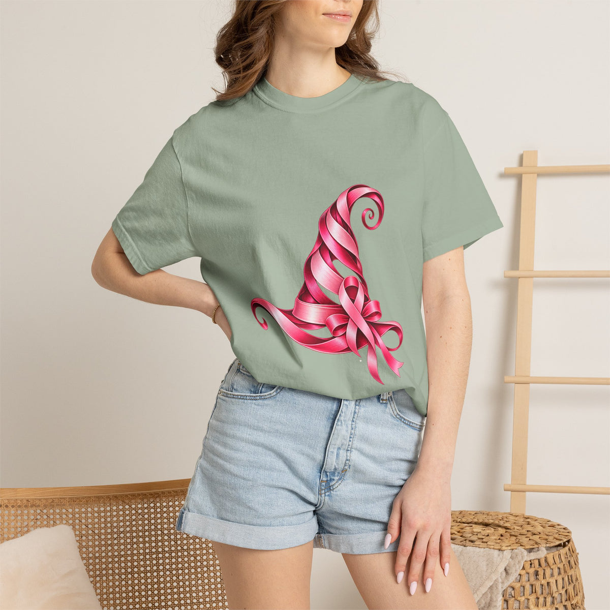 Comfort Colors® Pink Ribbon Witch Hat T-Shirt, Breast Cancer Awareness Gift, Halloween Survivor Support Tee, Pink October Witchy Shirt