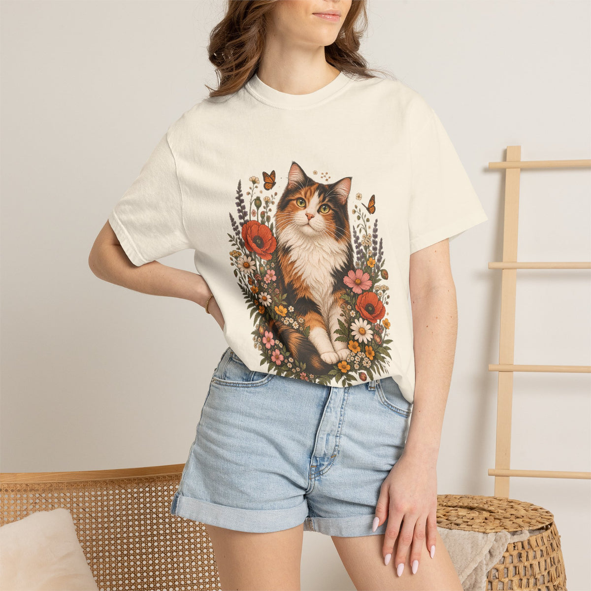 Comfort Colors® Calico Cat Wildflower T-Shirt, Floral Cat Lover Gift, Cottagecore Kitty Butterfly Graphic Tee, Vintage Garden Cat Mom Shirt