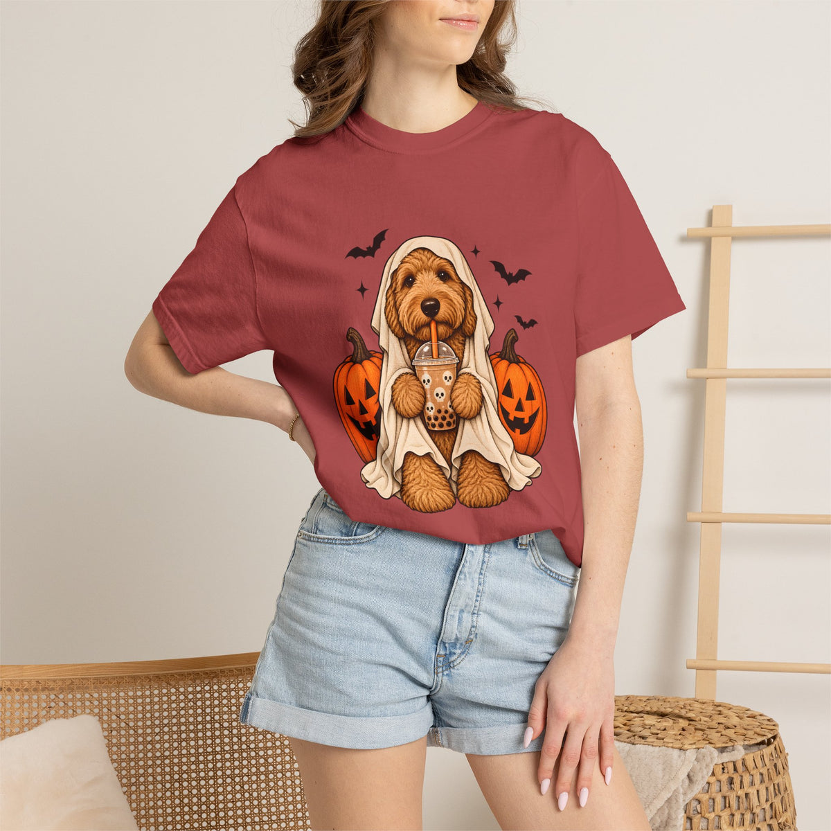 Comfort Colors® Halloween Ghost Dog Boba T-Shirt, Cute Doodle Dog Lover Gift, Spooky Pumpkin Bubble Tea Gift, Fall Pet Graphic Tee