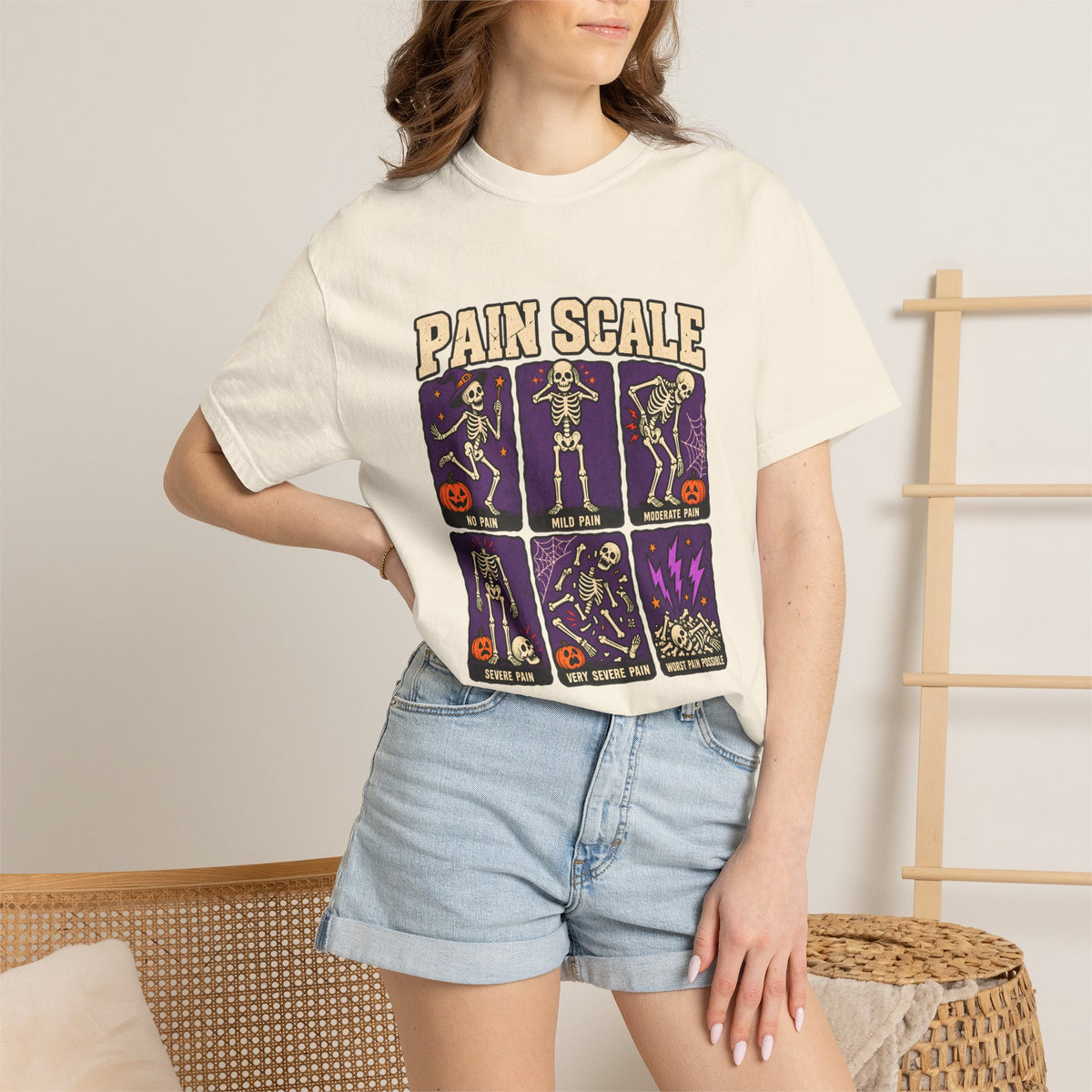 Comfort Colors® Pain Scale Skeleton T-Shirt, Funny Halloween Skeleton Gift, Spooky Medical Humor Gift, Nurse Doctor Halloween Graphic Tee