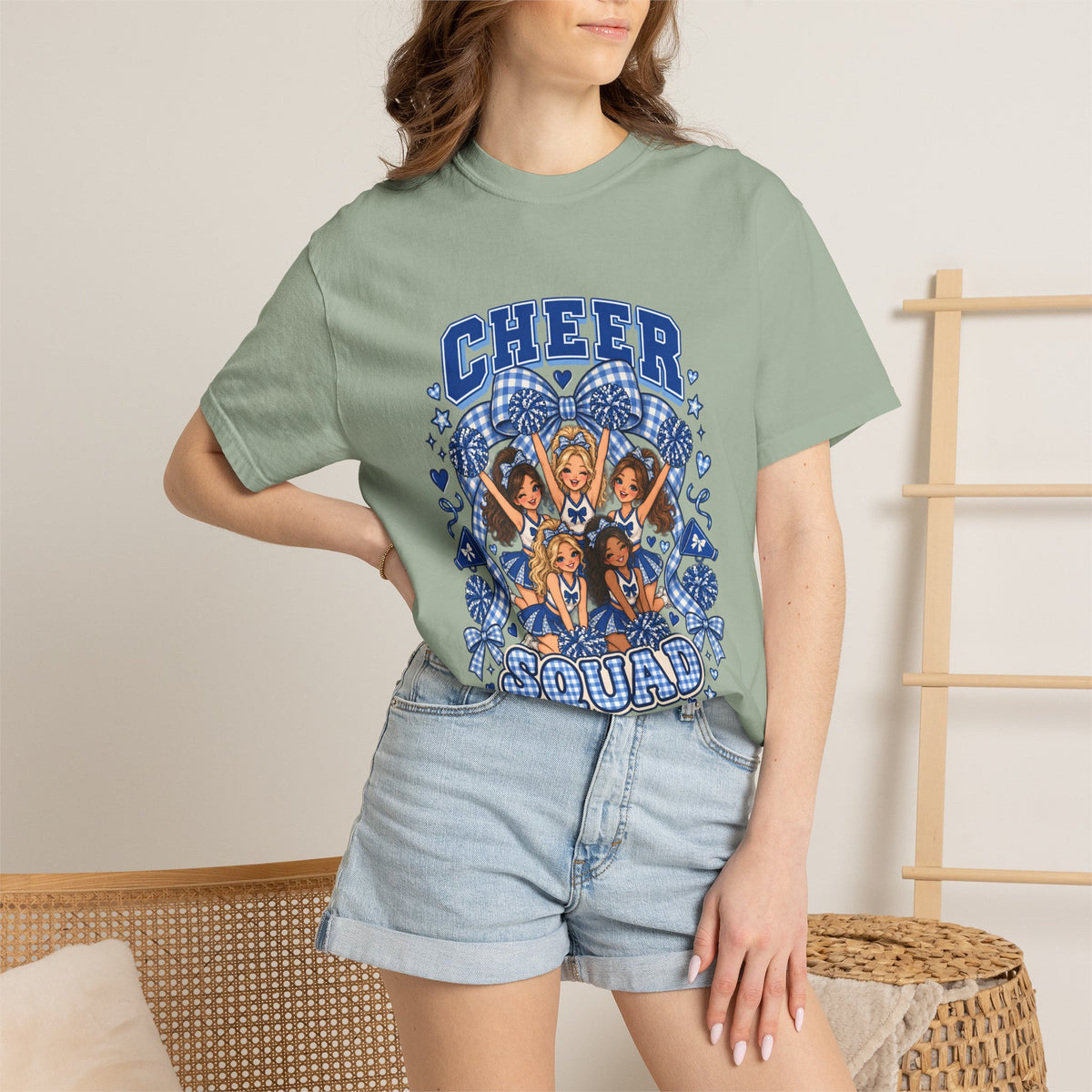 Comfort Colors® Cheer Squad T-Shirt, Blue Gingham Cheerleader Gift, Cheer Team Spirit Graphic Tee, Cute Cheerleading Girls Coach Gift