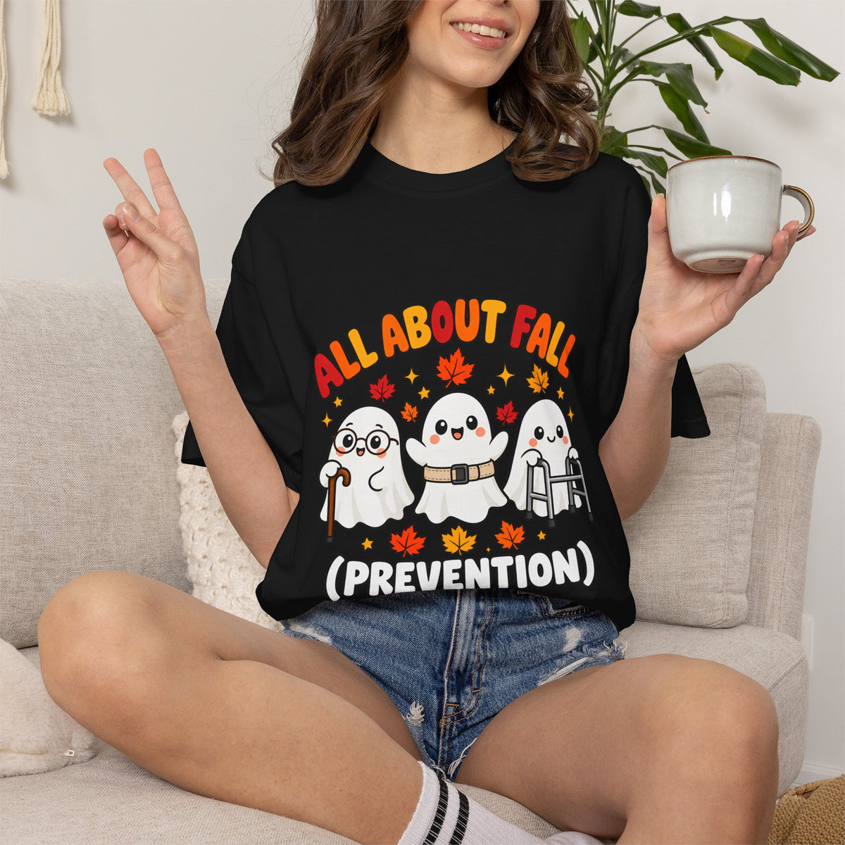 Comfort Colors® All About Fall Prevention T-Shirt, Funny Physical Therapist Gift, Occupational Therapy Humor Gift, Cute Autumn Ghost