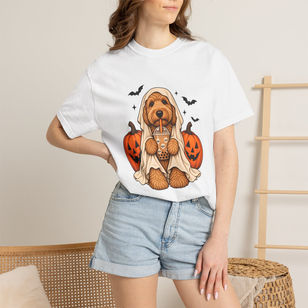 Comfort Colors® Halloween Ghost Dog Boba T-Shirt, Cute Doodle Dog Lover Gift, Spooky Pumpkin Bubble Tea Gift, Fall Pet Graphic Tee
