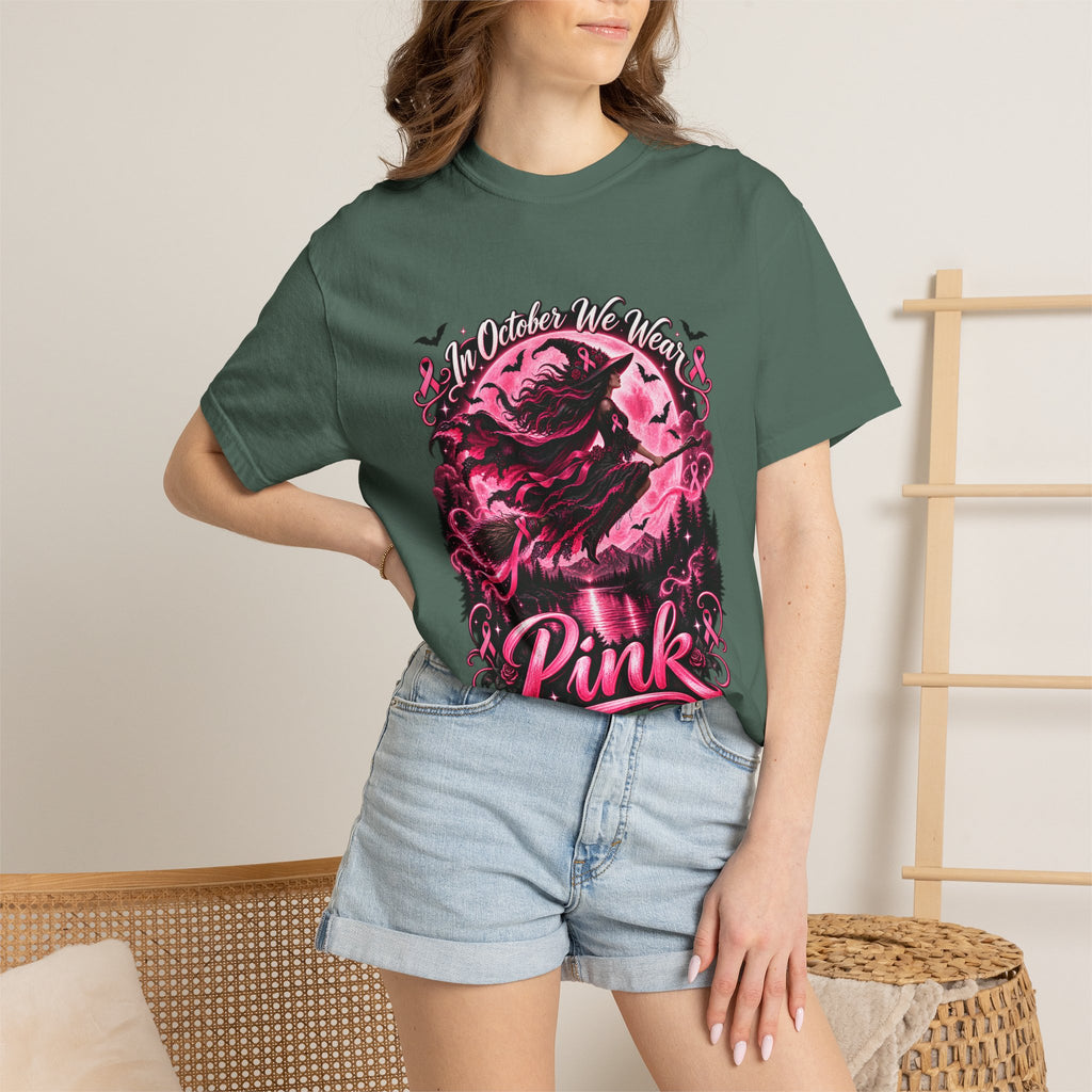 Comfort Colors® In October We Wear Pink T-Shirt, Breast Cancer Awareness Witch Gift, Pink Ribbon Halloween, Spooky Survivor Support Shirt