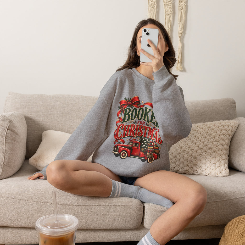 Booked for Christmas Sweatshirt, Book Lover Holiday Gift, Vintage Christmas Truck Graphic Sweatshirt, Cozy Reader Christmas Gift for Her