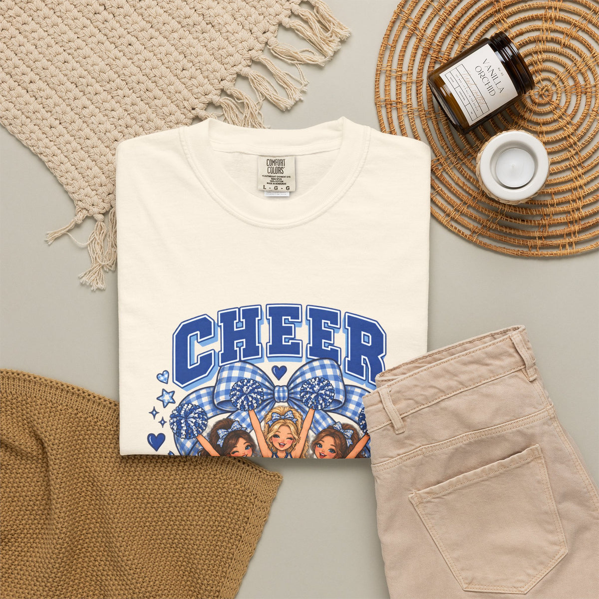 Comfort Colors® Cheer Squad T-Shirt, Blue Gingham Cheerleader Gift, Cheer Team Spirit Graphic Tee, Cute Cheerleading Girls Coach Gift