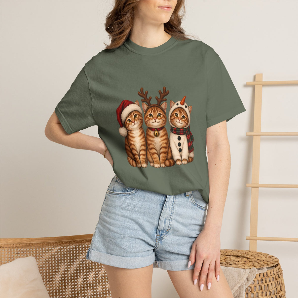 Comfort Colors® Christmas Cats T-Shirt, Cute Holiday Cat Lover Gift, Funny Santa Reindeer Snowman Cats Gift, Festive Kitty Graphic Tee
