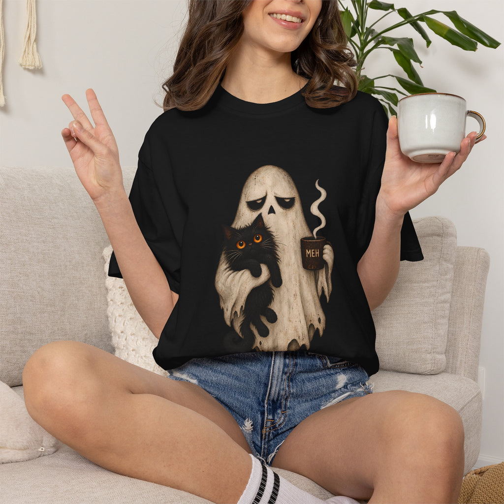 Comfort Colors® Meh Ghost Cat Coffee T-Shirt, Funny Halloween Cat Lover Gift, Sarcastic Spooky Coffee Gift, Grumpy Ghost Graphic Tee