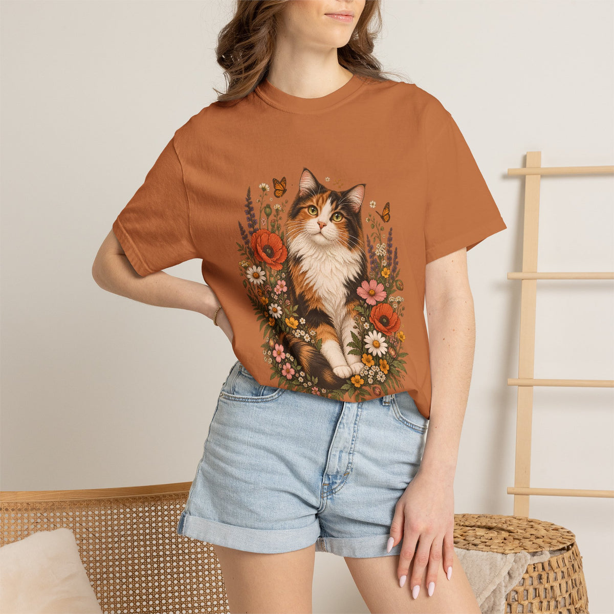 Comfort Colors® Calico Cat Wildflower T-Shirt, Floral Cat Lover Gift, Cottagecore Kitty Butterfly Graphic Tee, Vintage Garden Cat Mom Shirt