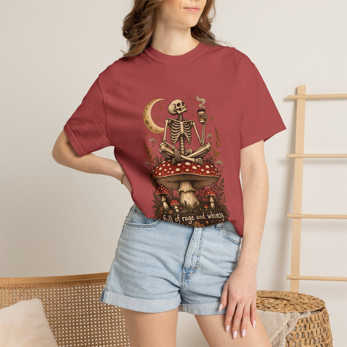 Comfort Colors® Full of Rage and Whimsy T-Shirt, Funny Skeleton Coffee Lover Gift, Cottagecore Mushroom Gothic Shirt, Dark Academia Shirt