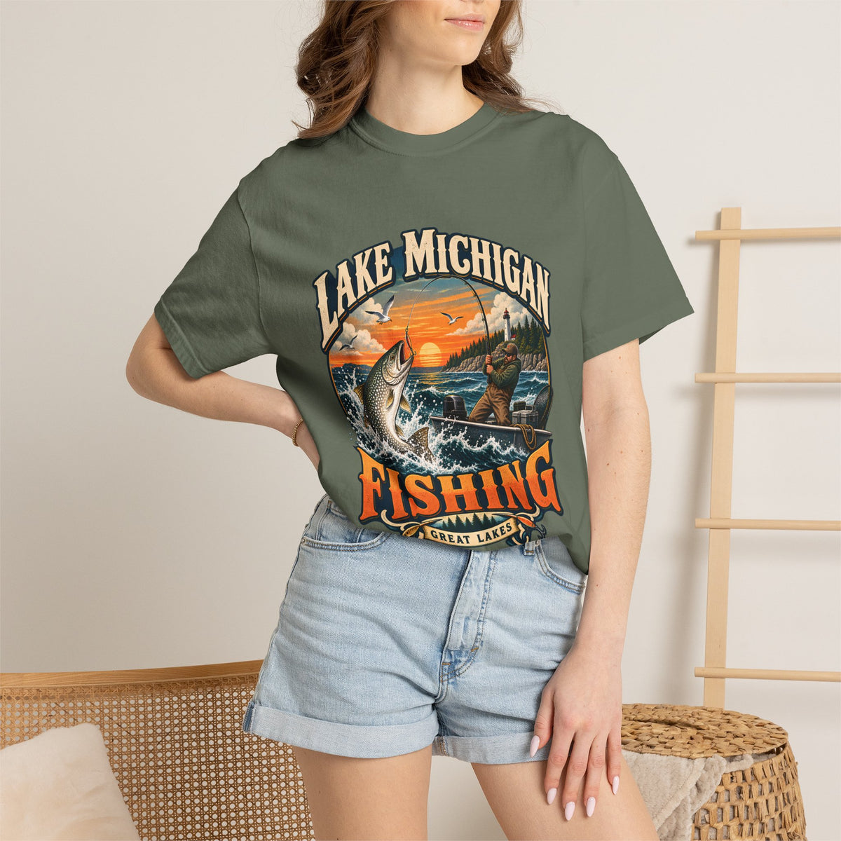 Comfort Colors® Lake Michigan Fishing T-Shirt, Great Lakes Angler Gift, Trout Fisherman Sunset Graphic Tee, Michigan Fishing Lover Shirt