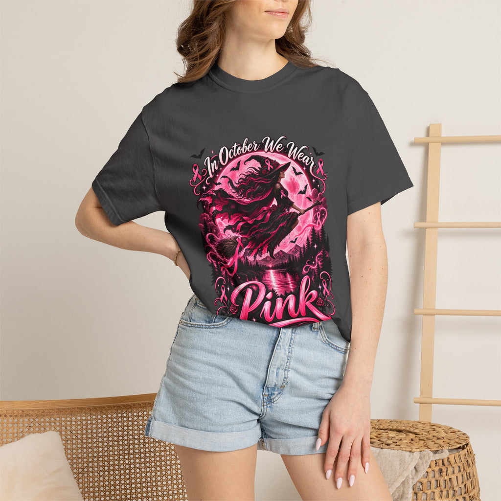 Comfort Colors® In October We Wear Pink T-Shirt, Breast Cancer Awareness Witch Gift, Pink Ribbon Halloween, Spooky Survivor Support Shirt