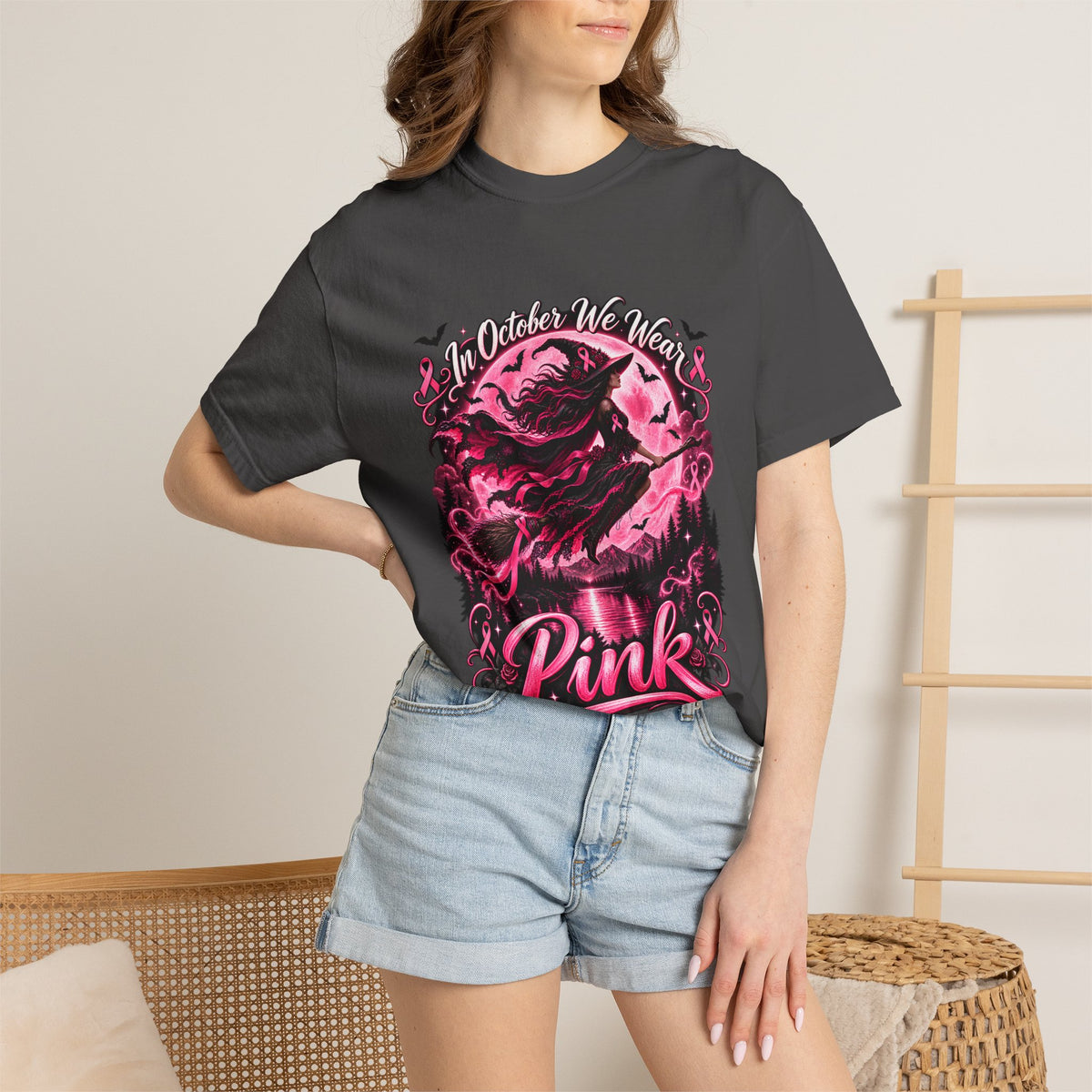 Comfort Colors® In October We Wear Pink T-Shirt, Breast Cancer Awareness Witch Gift, Pink Ribbon Halloween, Spooky Survivor Support Shirt