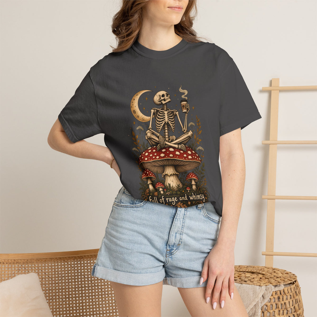 Comfort Colors® Full of Rage and Whimsy T-Shirt, Funny Skeleton Coffee Lover Gift, Cottagecore Mushroom Gothic Shirt, Dark Academia Shirt