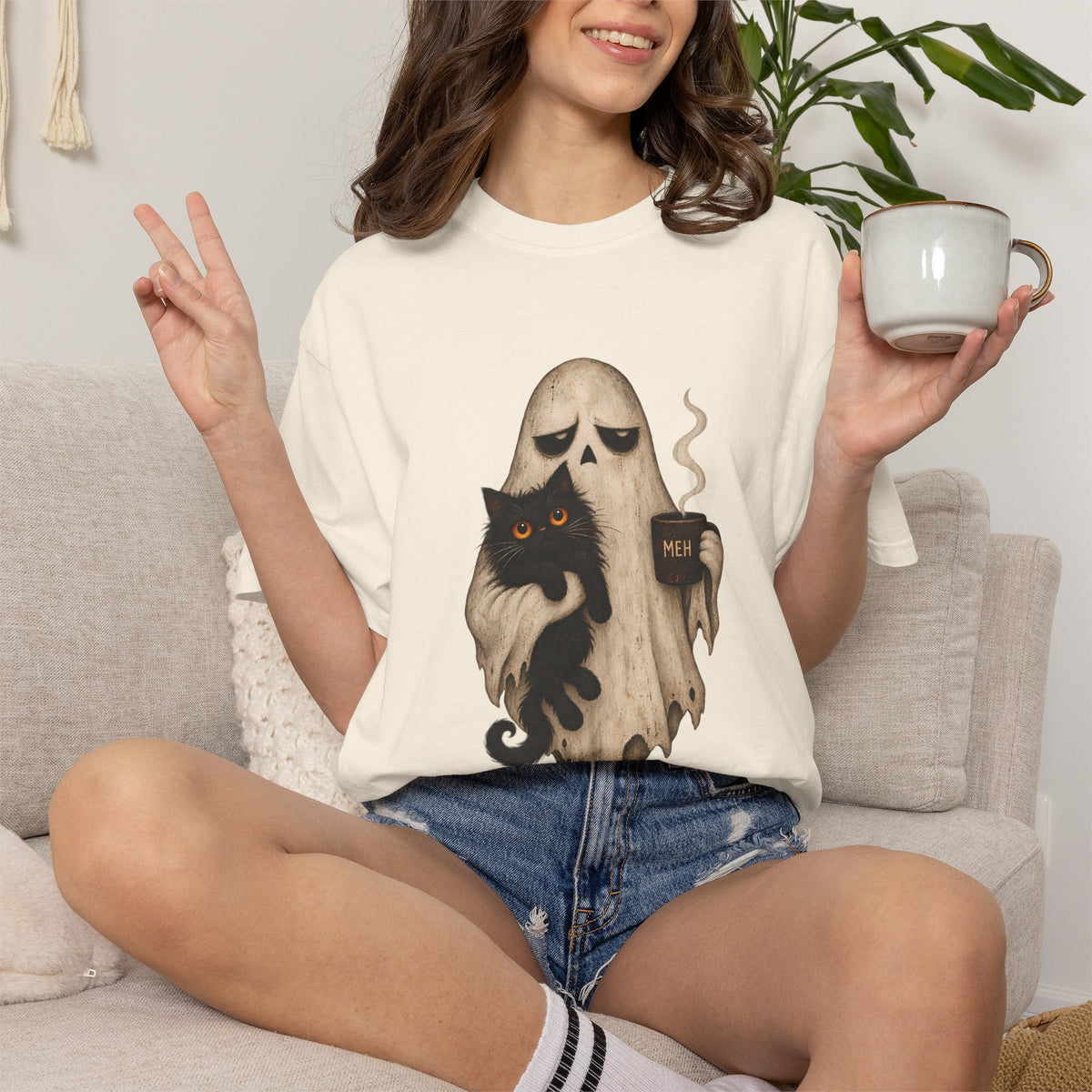 Comfort Colors® Meh Ghost Cat Coffee T-Shirt, Funny Halloween Cat Lover Gift, Sarcastic Spooky Coffee Gift, Grumpy Ghost Graphic Tee