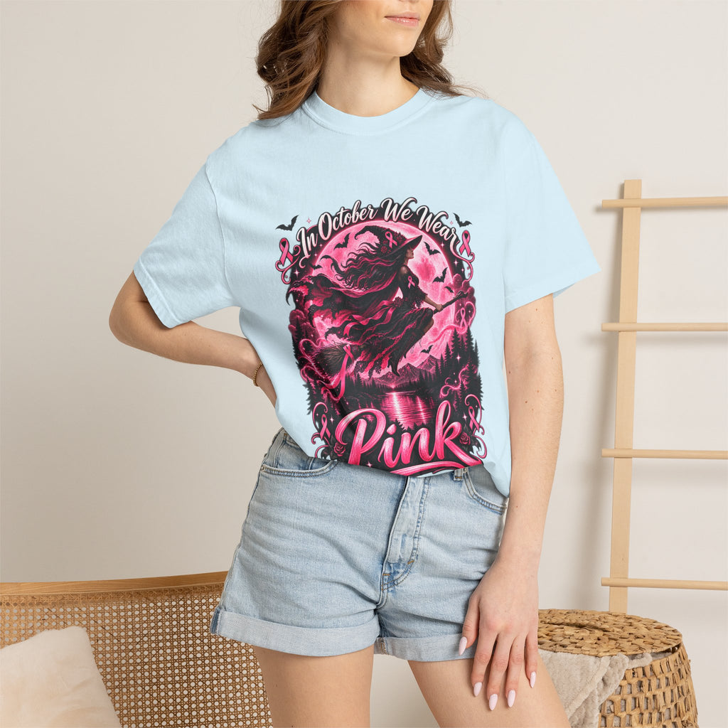 Comfort Colors® In October We Wear Pink T-Shirt, Breast Cancer Awareness Witch Gift, Pink Ribbon Halloween, Spooky Survivor Support Shirt