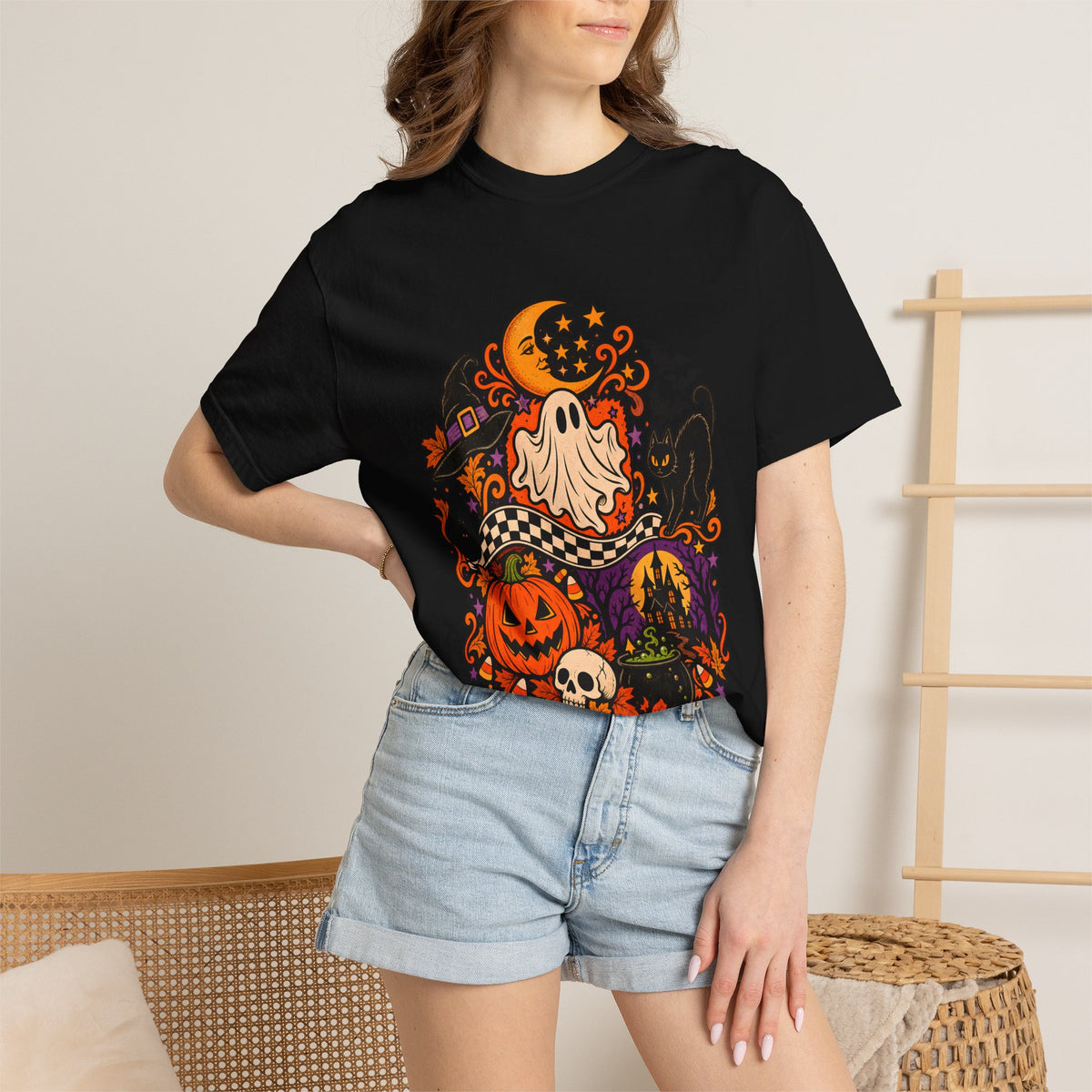 Comfort Colors® Vintage Halloween Shirt, Black Cat Skull Graphic Tee, Spooky Season Sweatshirt, Retro Halloween Season Gift