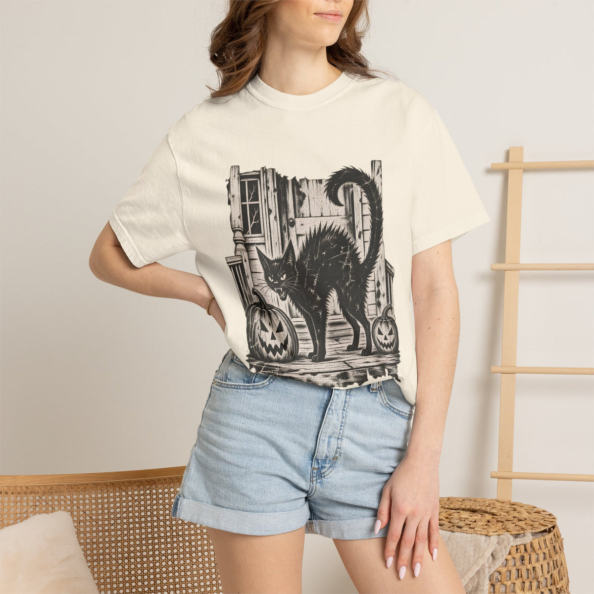 Comfort Colors® Vintage Black Cat Halloween T-Shirt, Spooky Cat Lover Gift, Retro Jack O Lantern Graphic Tee, Gothic Halloween Kitty Gift