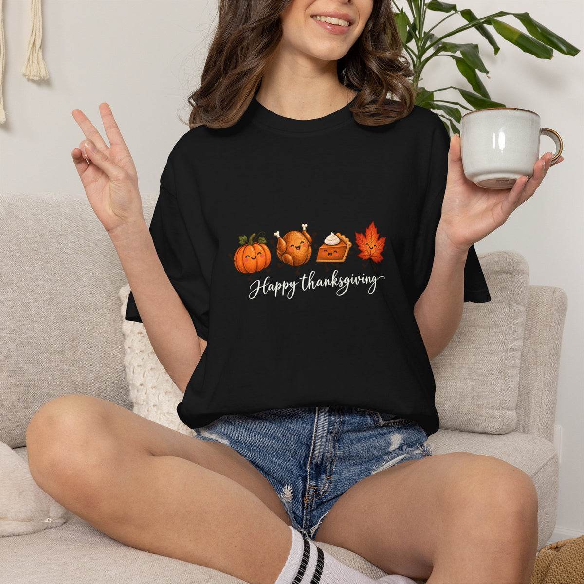 Comfort Colors® Happy Thanksgiving T-Shirt, Cute Turkey Pumpkin Lover Gift, Kawaii Fall Food Gift, Autumn Family Dinner Graphic Tee